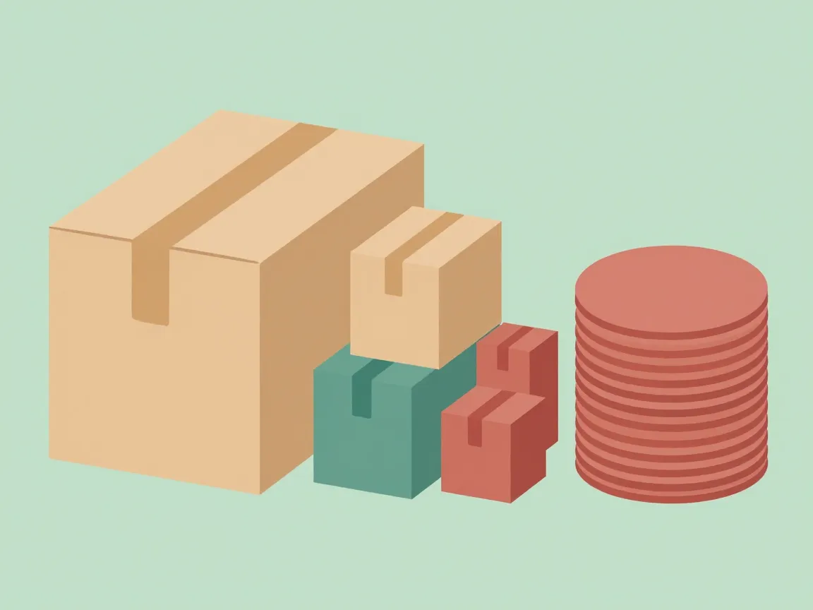 WooCommerce 開店完整流程:從安裝、金流到物流設定 3 一個大箱子、一組不同尺寸與顏色的小箱子,以及一疊薄片,代表簡單商品、可變商品與數位商品