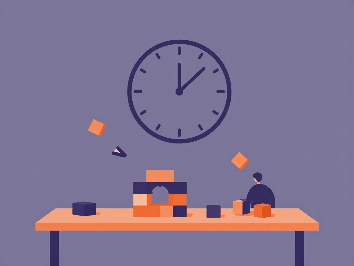 專案管理工具比較 2026:Trello、Asana、ClickUp、Notion 適合的規模與情境 2 一個人反覆重建模組化結構、旁邊堆著沒用到的積木,示意在彈性工具裡不斷改結構的成本