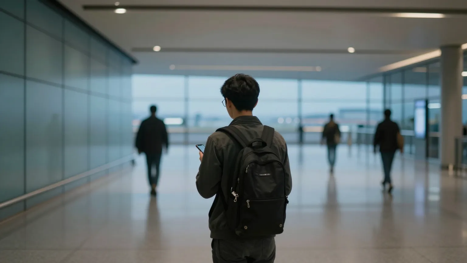 eSIM 國際上網怎麼選?漫遊、當地 SIM 與旅遊 eSIM 的成本與踩雷 5 旅人背影站在黃昏時分空曠的機場走廊低頭看手機,象徵落地第一天的開通時刻