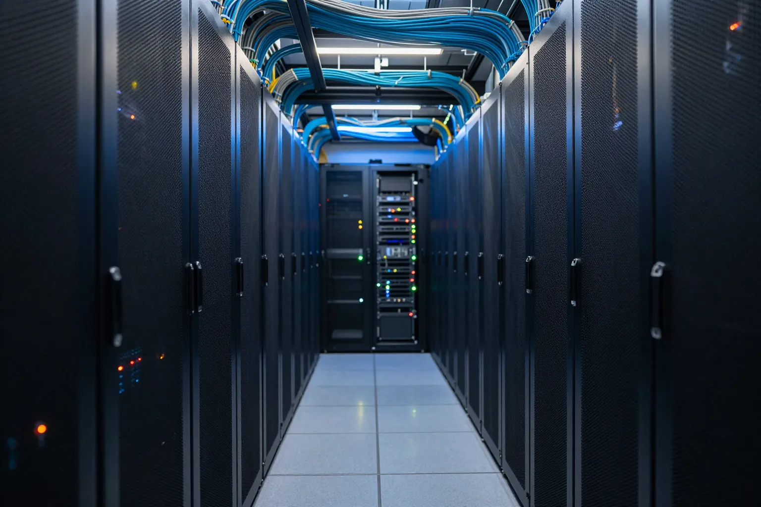 WordPress 主機怎麼選?共享、VPS 與託管型主機的取捨與續約陷阱 4 資料中心走道兩側的伺服器機櫃,代表機房位置與資源保證是主機方案的實體基礎