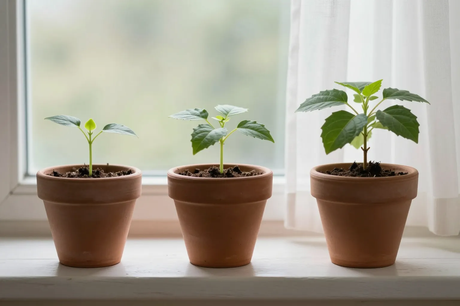 窗台上三盆生長階段不同的植物，比喻報價後、結案後與年度回訪三個跟進時機