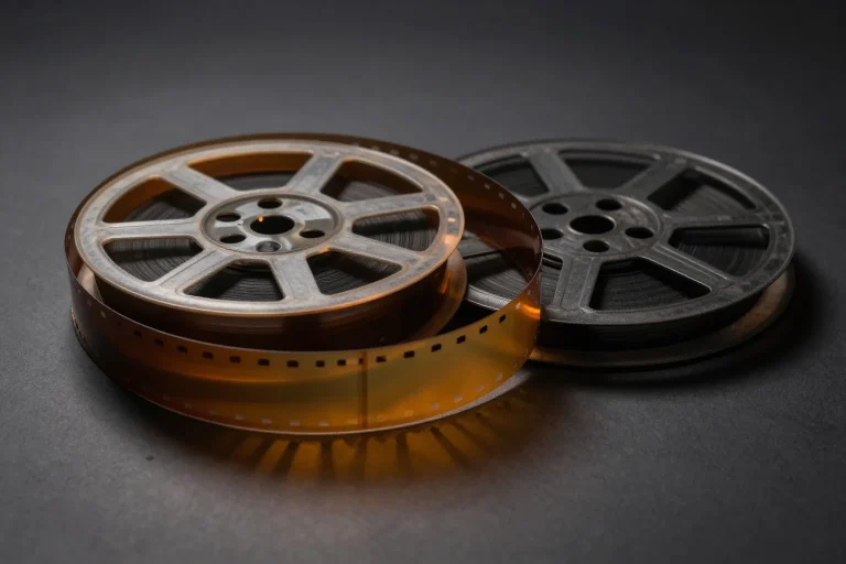 影片剪輯軟體怎麼選?剪映、Premiere Pro、DaVinci Resolve、Final Cut 的授權與學習曲線 7 暗色桌面上的膠捲與光束,象徵影片剪輯軟體的選擇取捨