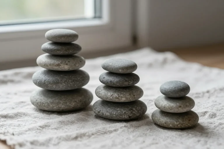 三堆高低不同的溪石並排放在亞麻布上，比喻接案者面前三條投保路徑各自不同的年度成本高度