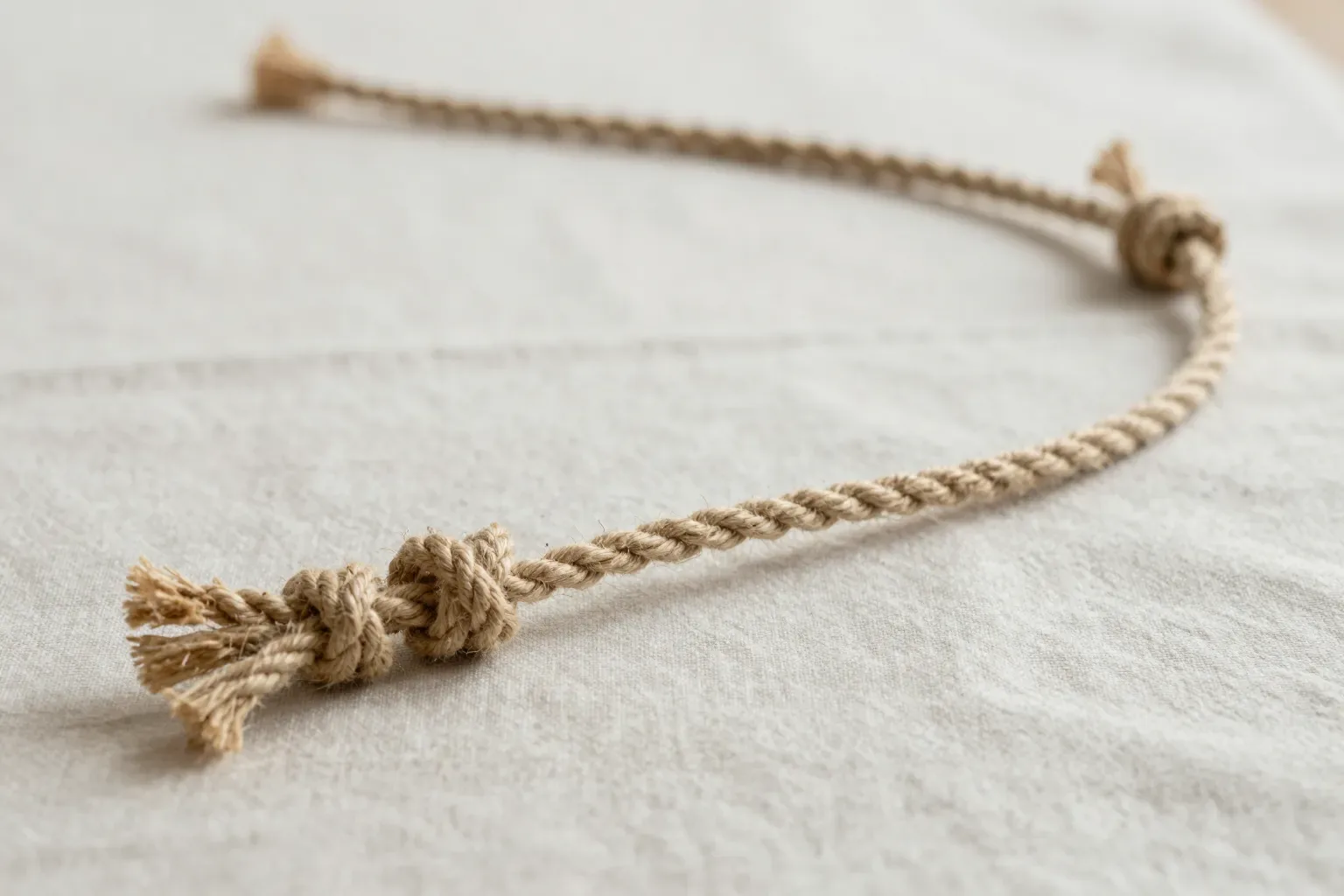 麻繩一端的繩結緊密叢聚、另一端只有孤零零一個結，中間留下一大段空繩，比喻緩衝時間與每日場次上限讓行程之間留出疏密不同的空隙