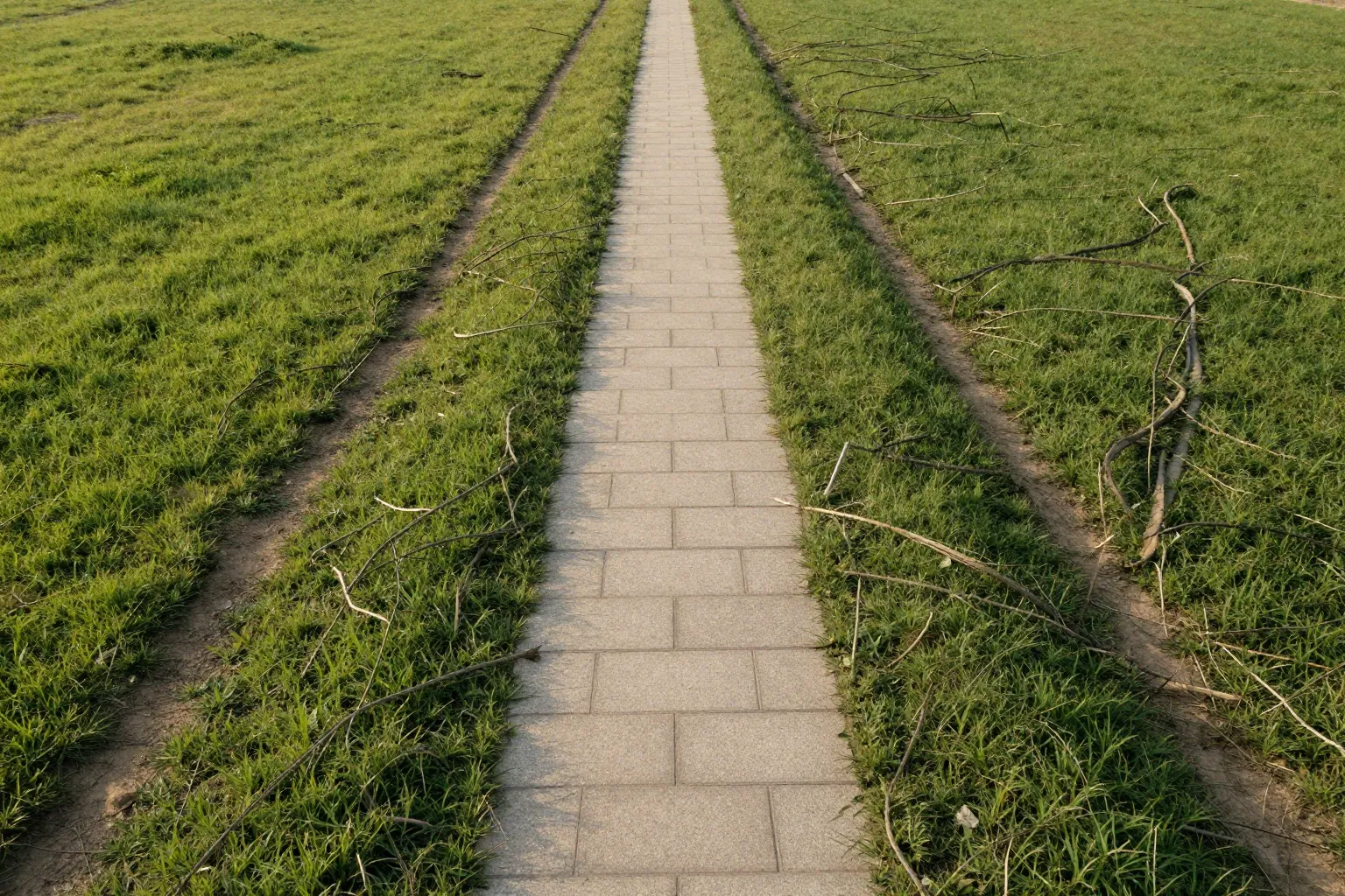 一條鋪好的石板路筆直通往遠方，兩側草地被踩出雜亂的泥土小徑，比喻官方一手來源與二手轉述之間的差距