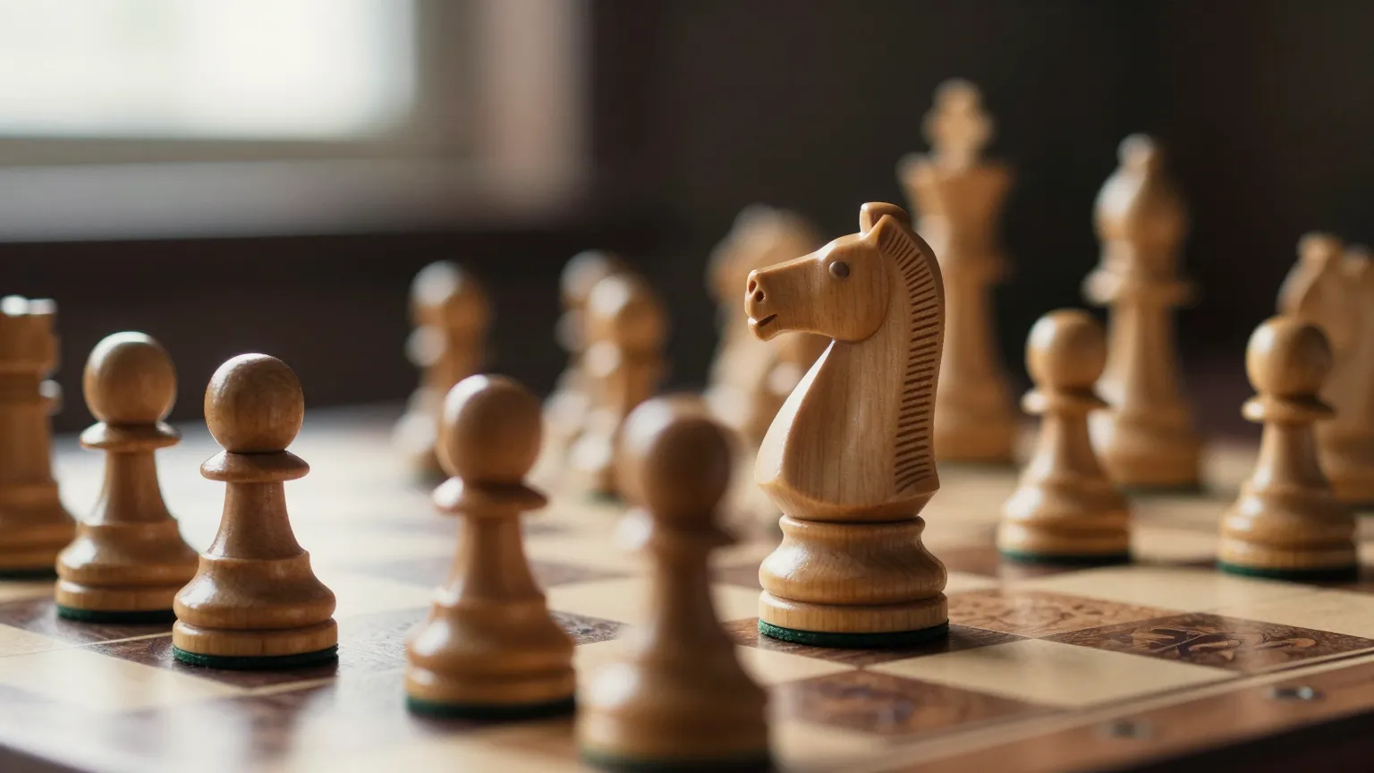 溫暖光線下的木製西洋棋盤與棋子，象徵用遊戲化思維學習投資策略