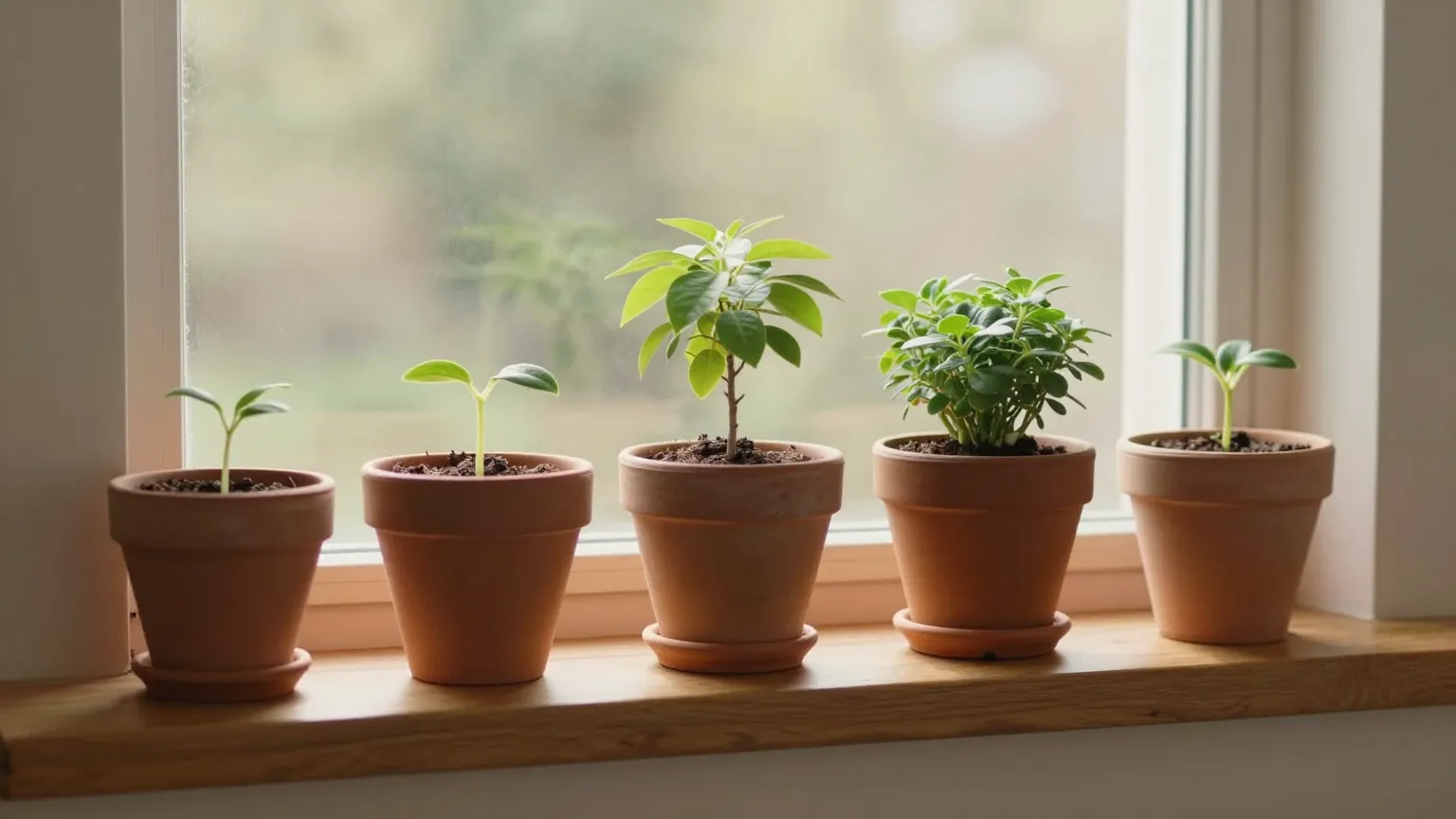 窗台上五盆不同成長階段的植栽，象徵財富自由所需的多元收入來源